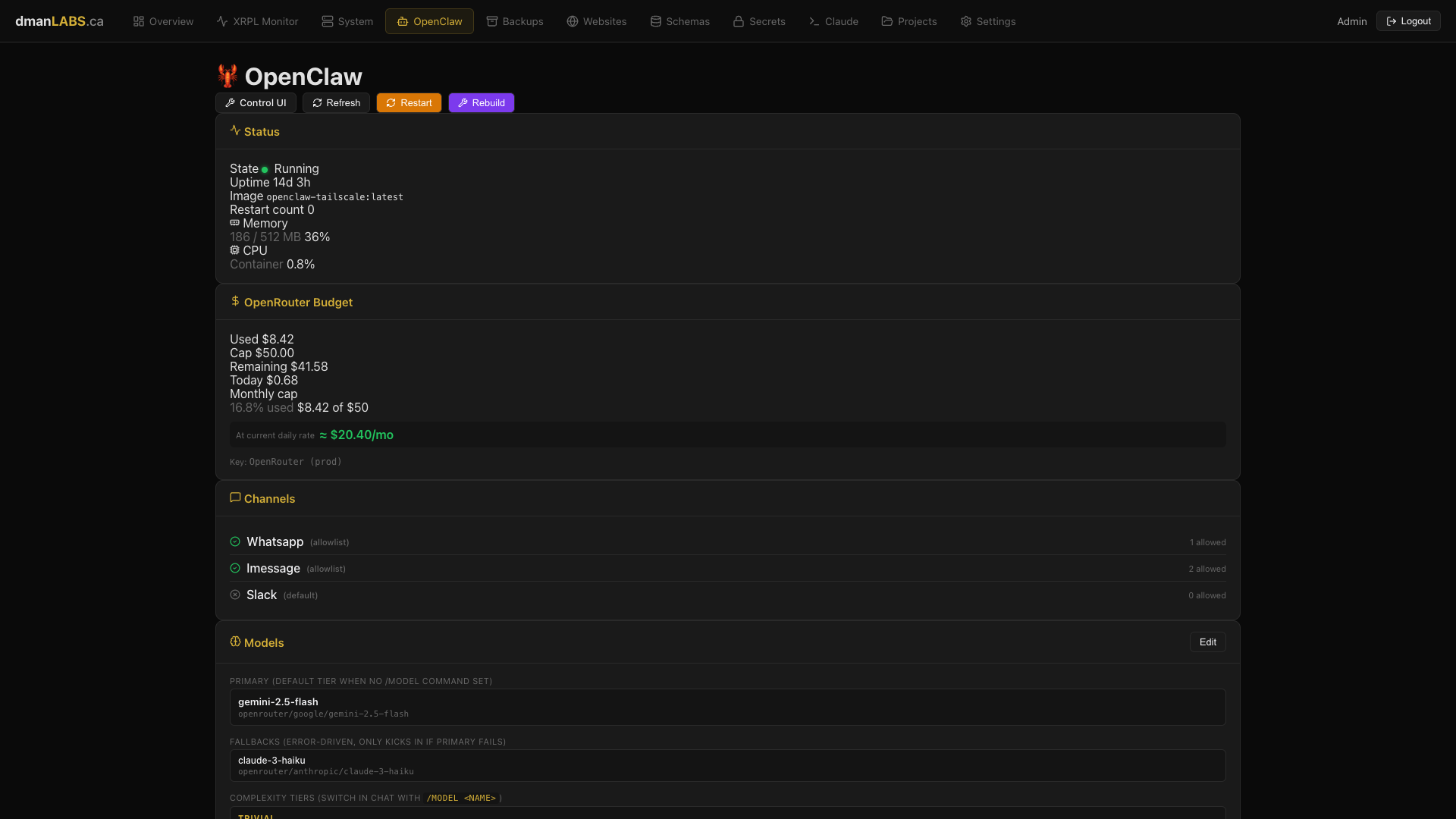 OpenClaw AI agent dashboard with status, budget, channels, and models