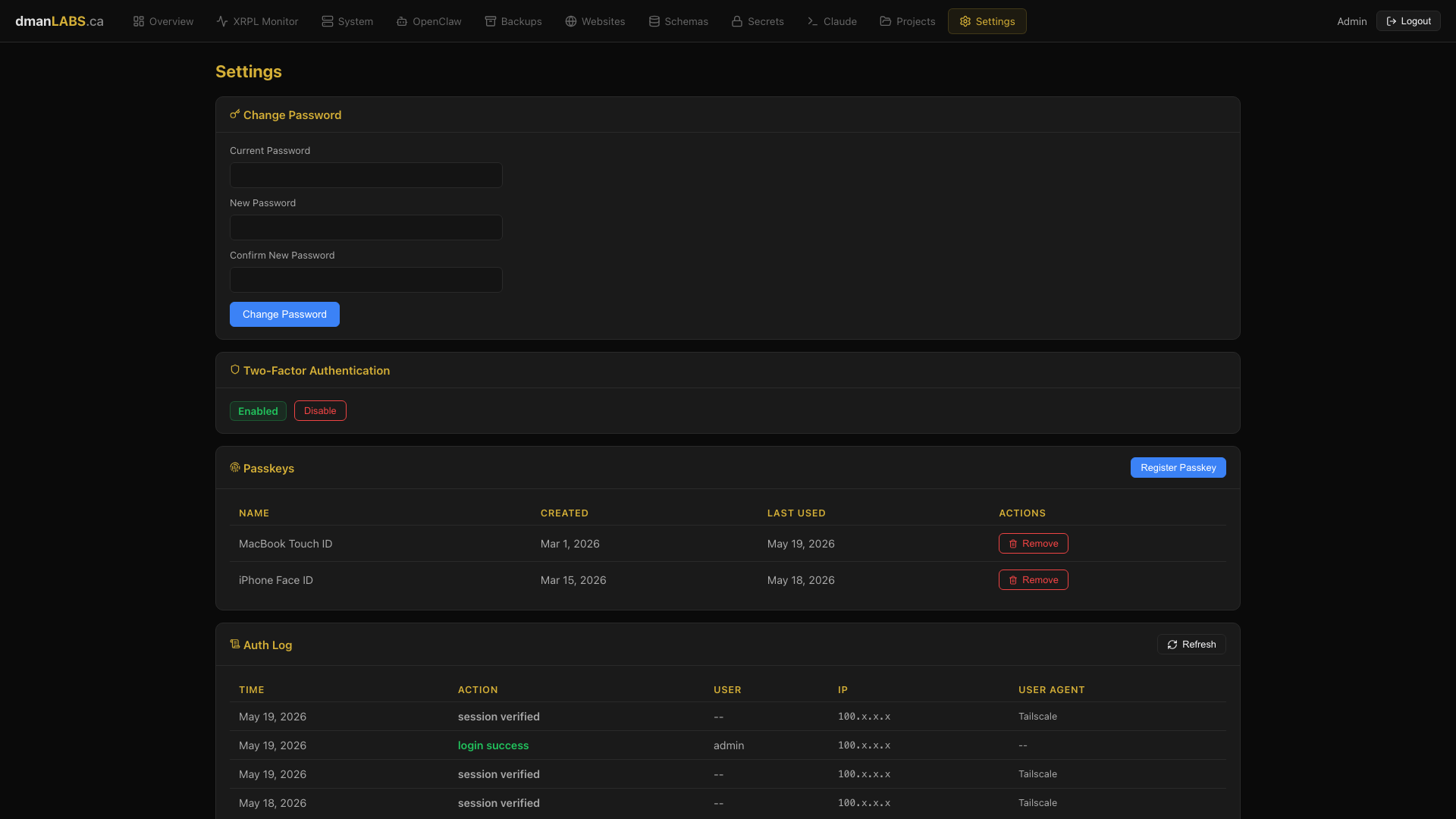Settings page with passkeys, 2FA, and auth log