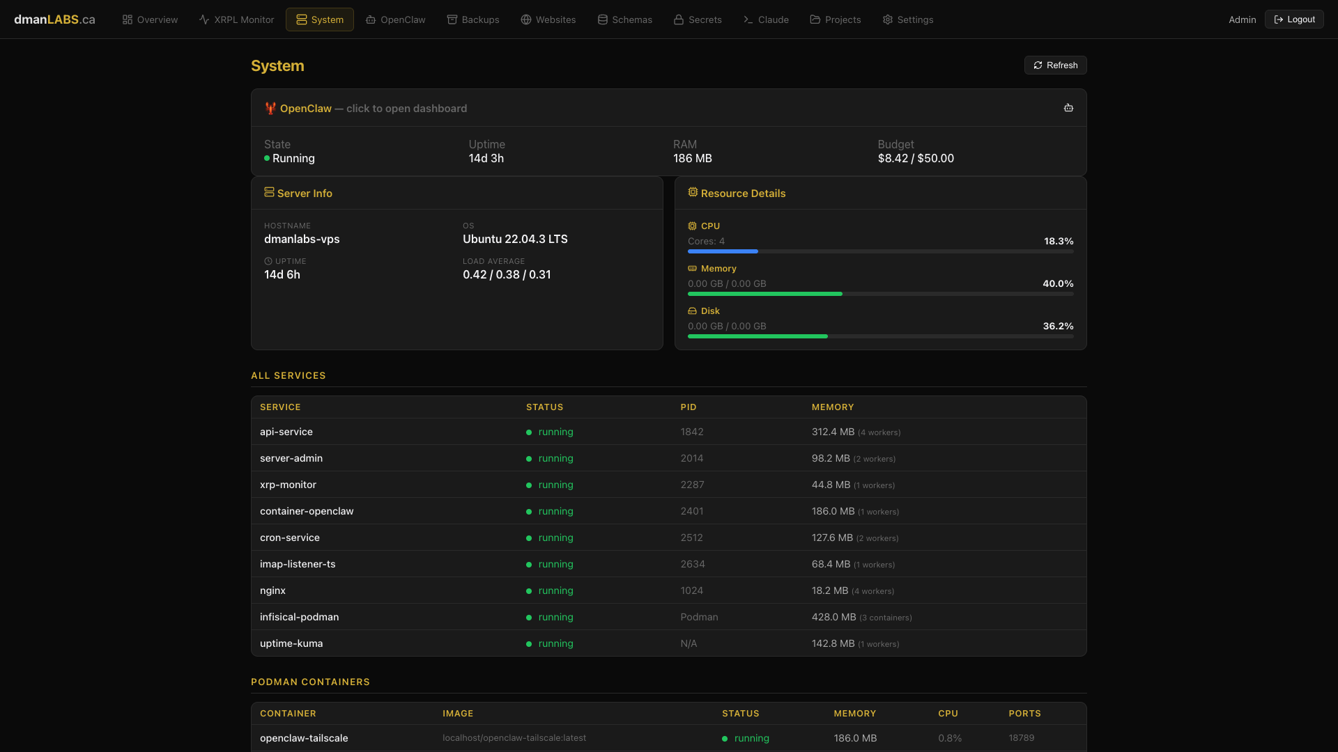 System page with detailed health checks and cron job status