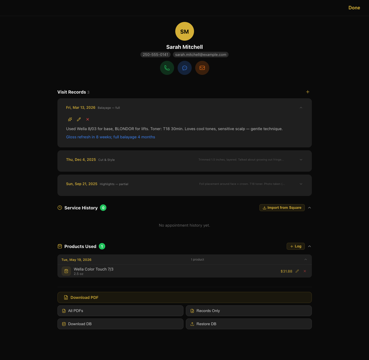 Client record card with visit history and notes