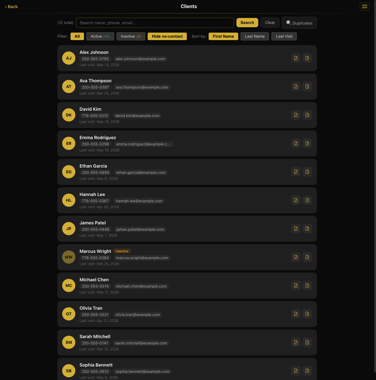 Clients CRM list with search and filters