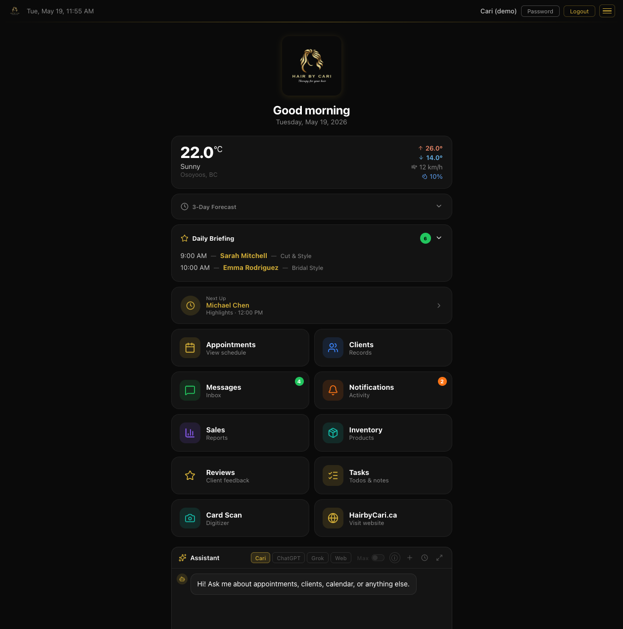 Owner dashboard with daily briefing and weather