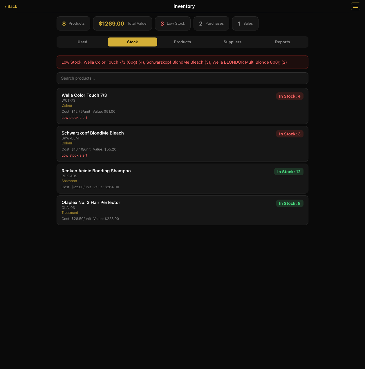 Inventory stock list with low-stock alerts