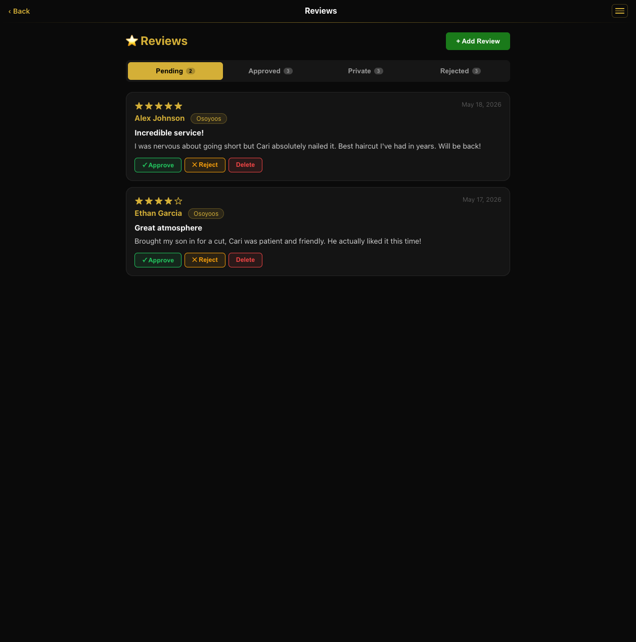 Review moderation queue with pending approvals