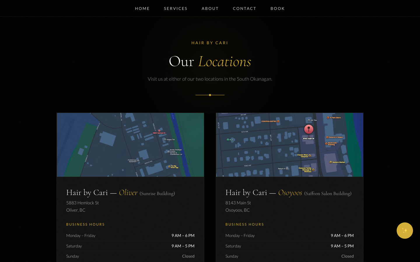 Locations page with map for both salons