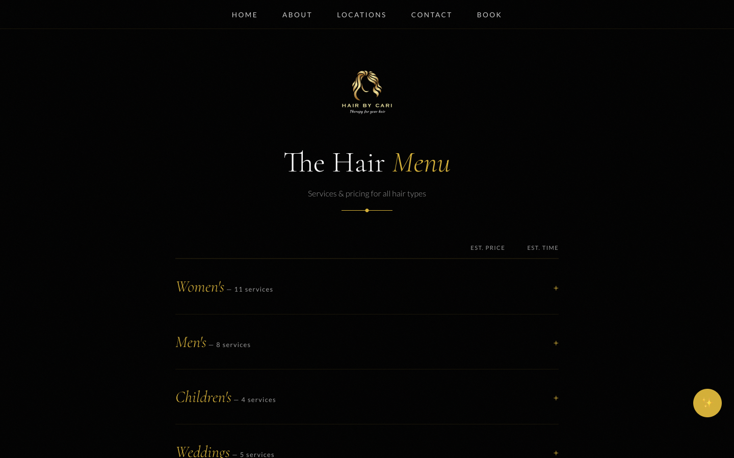 Services menu with categories