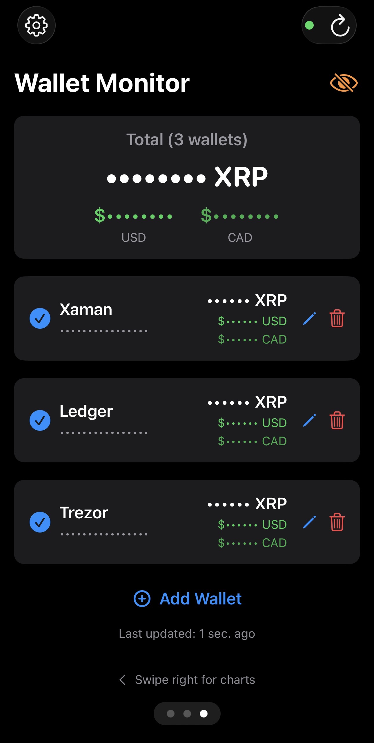 Wallet Monitor screen with multiple wallets tracked