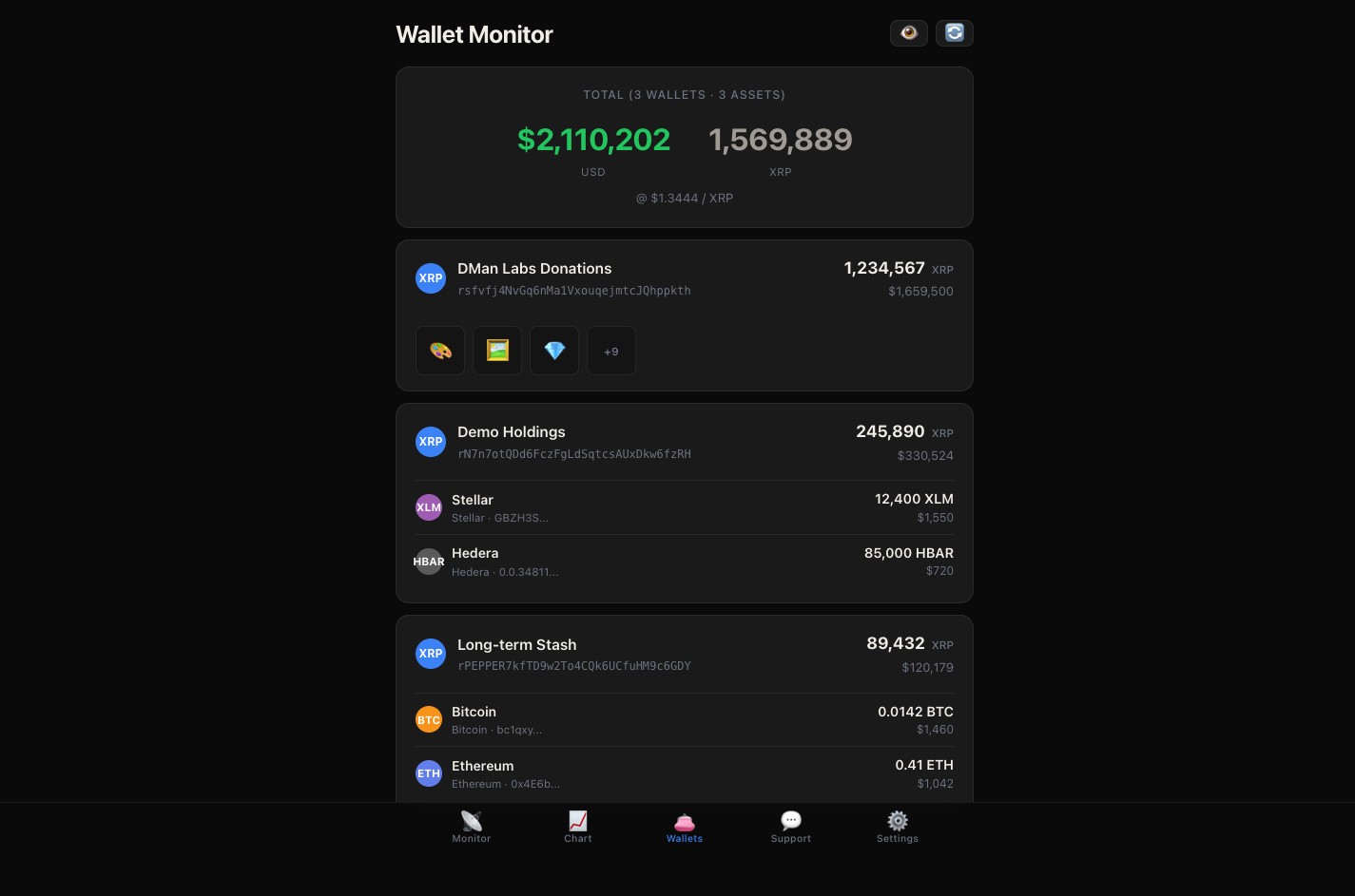 Wallet Monitor with multi-chain balances and privacy-mask toggle